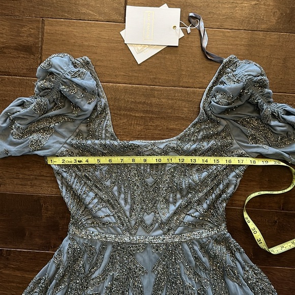 Mac Duggal 5434 Short Sleeve Silver Slate Blue Beaded Tea Length Dress Sz 8 NWT - Picture 14 of 14